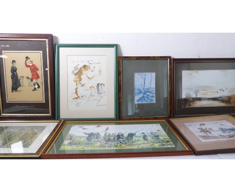 Ten decorative framed and glazed pictures and prints including humorous and satirical examples relating to shooting and hunti