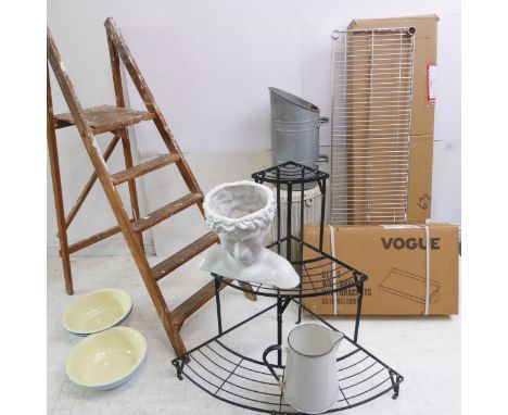 An assortment to include a step ladder, various enamelware, a 19th century style (later) three-tier bow-fronted plant stand, 