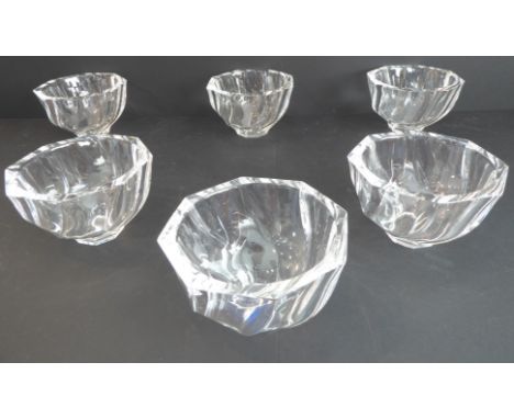 A set of six cut-glass bowls with octagonal swirling pattern (16 cm in&nbsp; diameter and 11cm high). (Two signed Orrefors OA