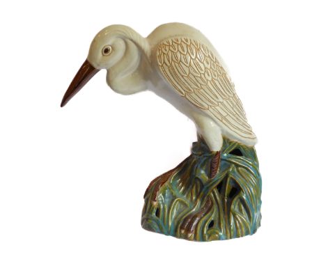 A life-size ceramic model of a heron stepping through reeds: majolica glazes, probably mid-20th century Chinese origin (55.5 