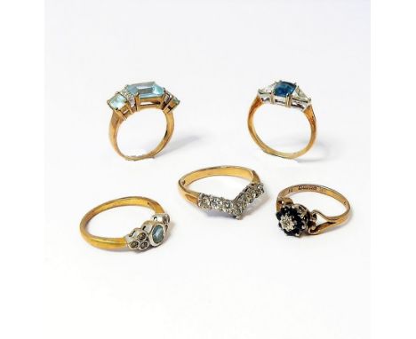 Five lady's 9-carat dress rings set with various stones, ring sizes K, L/M, N (2) and P (combined gross weight approx. 14.39g