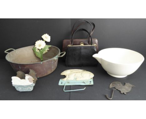 An assortment to include a 19th century a two-handled copper preserve pan, a ceramic pouring bowl, a lady's lizard-effect han