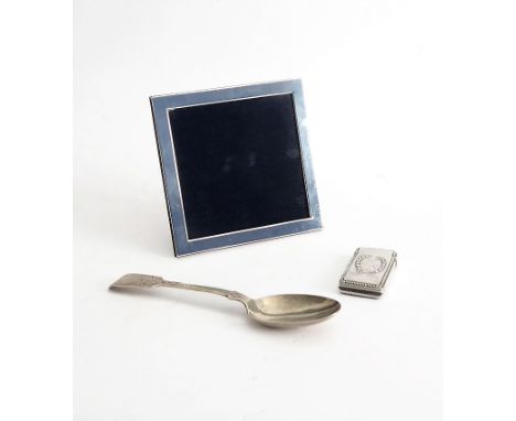 A sterling silver easel-style picture frame circa 1900, together with a sterling silver vesta case and silver dessert spoon (