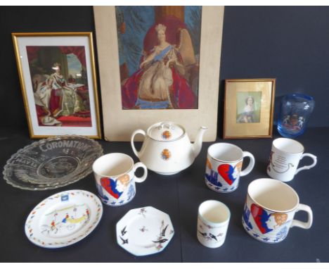 A mixed lot comprising Royal commemorative ceramics, glassware and three prints of the young Queen Victoria.The ceramics comp