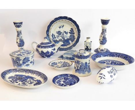 A selection of blue-and-white 'Willow' pattern china to include a covered round dish (Gibson &amp; Son), a Woods Ware teapot,