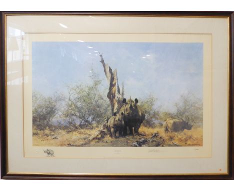 A large David Shepherd limited edition (178 of 1,300) colour print, 'Rhino Beware'; signed in pencil in the margin. Framed an