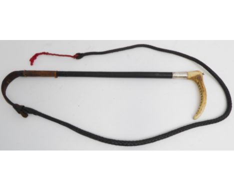 A George Parker &amp; Sons hunting crop: antler hook, the collar marked with the maker's name and sterling silver mark (67 cm