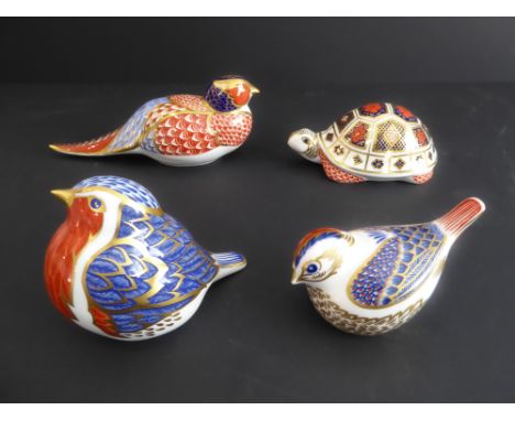 Four first quality&nbsp;Royal Crown Derby paperweights:&nbsp;a pheasant (17cm), a tortoise (minus button), a robin and a wren