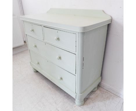 A 19th century painted chest: galleried back above two half-width and two full-width graduated drawers raised on bun-style fe