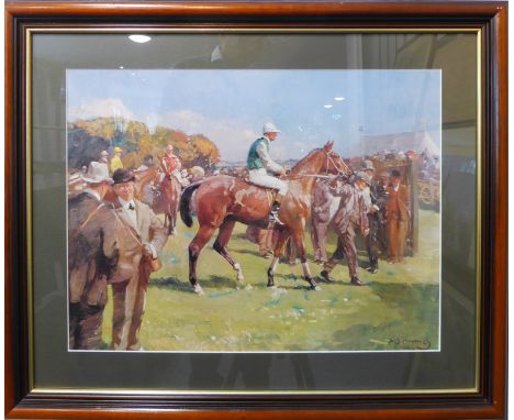 After ALFRED MUNNINGS - a framed and glazed colour horseracing print (46cm x 60.5cm)