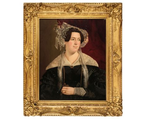Continental School. Portrait of a Northern European lady in black dress with white lace bonnet, circa 1840, half-length oil o