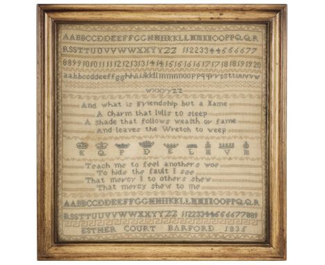 Samplers. A needlework sampler by Esther Court, 1835, hand-worked in cross-stitch in blue silk with 2-stanza moral verse, sep