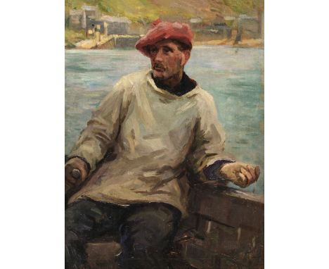 Heath (Frank Gascoigne, 1873-1936). Whiffing, oil on wood panel, depicting a man in a white sailor's smock and red beret stee