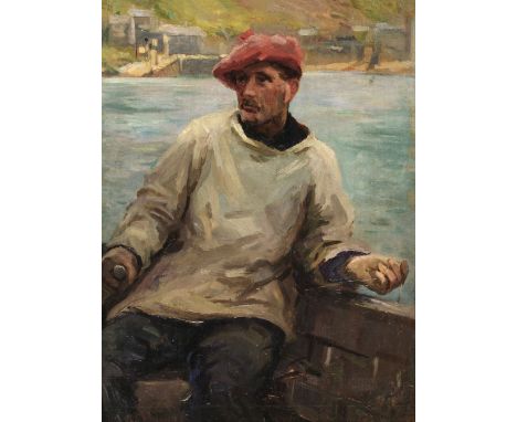 Heath (Frank Gascoigne, 1873-1936). Whiffing, oil on wood panel, depicting a man in a white sailor's smock and red beret stee