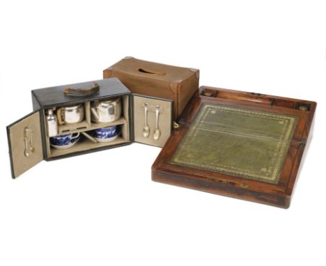Motoring Tea Service. An Edwardian travelling tea service, comprising EPBM tea and coffee pot with spirit burner and hinged s