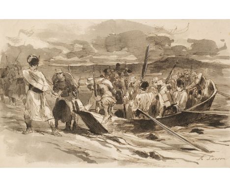 Lançon (Auguste,1836-1887). Romanian Infantry crossing a River by Night, circa 1878, pen and brown ink with grey wash, height