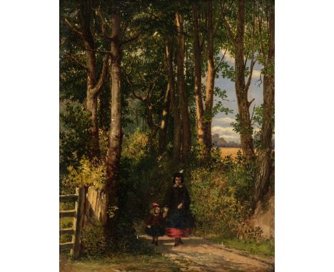 Leslie (Charles Robert, 1794-1859). Young woman and little girl walking on a country lane, oil on thick wood panel, showing a