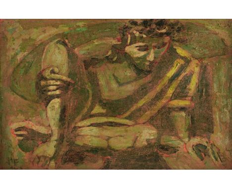 Feibusch (Hans, 1898-1998). Narcissus, oil on board, depicting a male figure in green and red sitting on the floor, one leg f