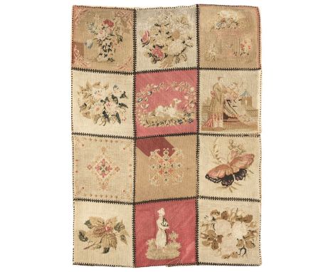 Needlework. A needlepoint panel, English, 1st quarter 19th century, composed of 12 square sections, each with a different des