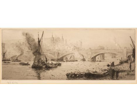 Wyllie (William Lionel, 1851-1931). Barges on the Thames before Southwark Bridge, etching with drypoint on wove paper, printe