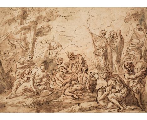 Attributed to Giovanni Andrea Carlone (Genoa 1639-1697).The Gathering of Manna, pen and brown ink and brown wash over red cha