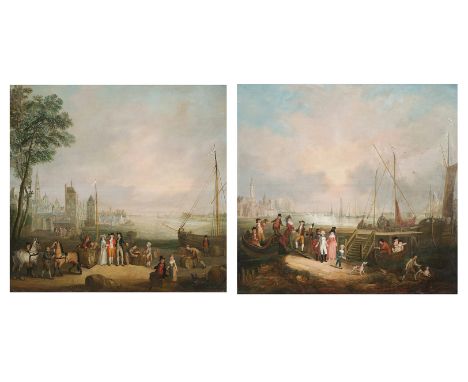 Simons (A. A., 18th century). Two Views of Antwerp and Port, 1788, a pair of oils on canvas, one showing a rich merchant and 