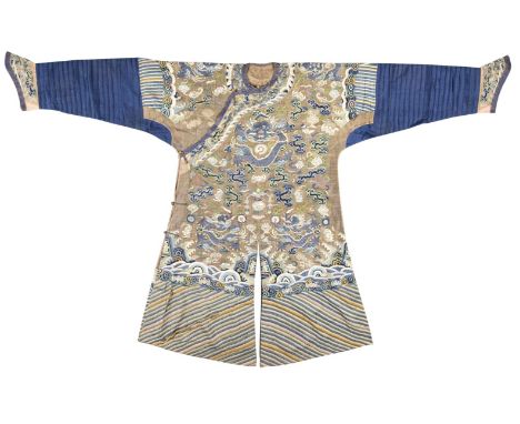 Chinese Dragon Robe. A kesi silk nine-dragon robe, late Qing Dynasty, finely woven silk robe, predominantly blue and green on