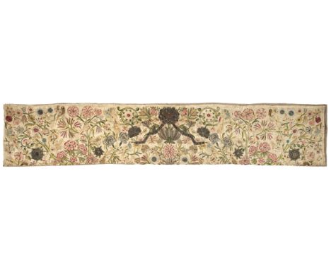Embroidery. A large portion of early silk and metalwork, British, second half 17th century, worked in polychrome silks and si