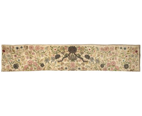 Embroidery. A large portion of early silk and metalwork, British, second half 17th century, worked in polychrome silks and si