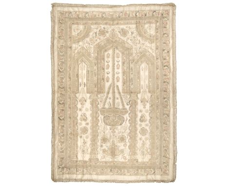 Ottoman. An embroidered bedcover, Turkey, 19th century, hand-stitched in silk and metal threads on a cream silk ground, depic