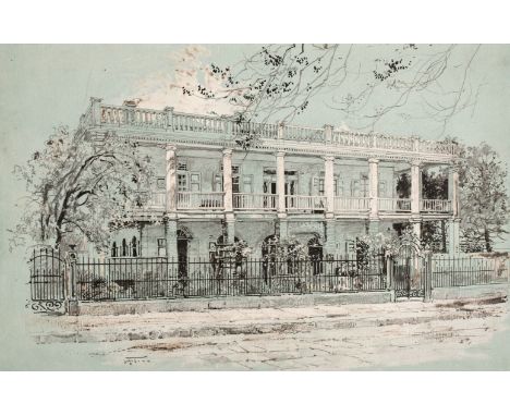 American School. Villa in New Orleans, early 20th century, pen and black ink over pencil heightened with white, on blue tinte
