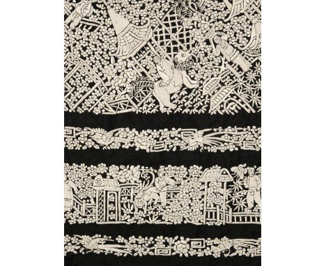 Shawl. A Parsi work shawl, Canton, circa 1900, hand-embroidered with ivory silk on a black silk ground, with large panel fill