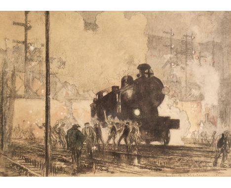 Brangwyn (Frank, 1867-1956). The Railway Engine, colour lithograph, inscribed in pencil at foot, 'Frank Brangwyn to Mrs. Y. C