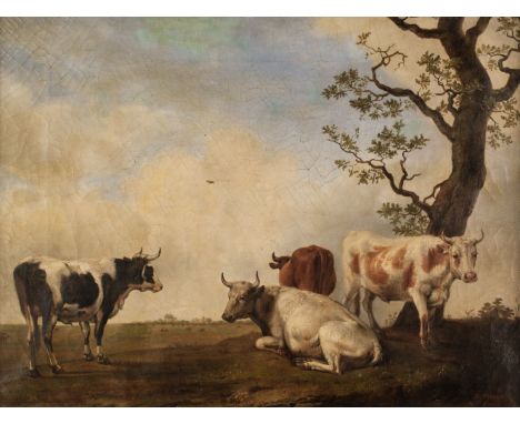 After Paulus Potter (1625-1654). The Four Bulls, by D. Cerruti of Torino, 1860, oil on canvas, depicting 4 horned cows in a l
