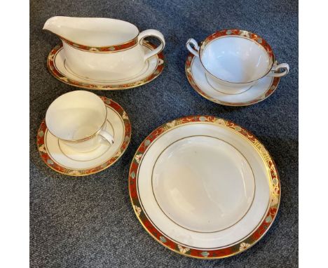 Royal Crown Derby. A Royal Crown Derby "Cloisonne" pattern part dinner service, comprising coffee pot, milk jug, 6 tea cups (