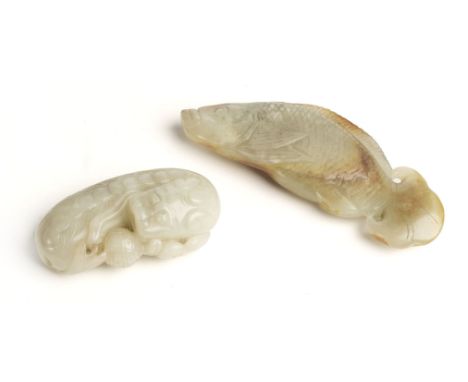 Jade. A Chinese 19th century style jade carving, carved as a kylin and ball, 7cm together with a Chinese 18/19th century styl