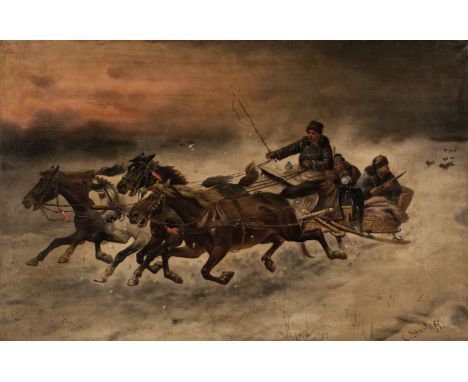 Stoiloff (Konstantine, 1850-1924). Cossack Sledge chased by Wolves, oil on canvas, depicting a wintry scene with cossacks on 