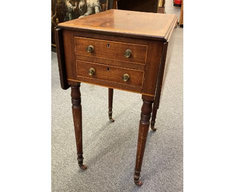 Occasional Table. A Victorian mahogany occasional table, with satinwood crossbanding, drop-flaps, two drawers to one side and