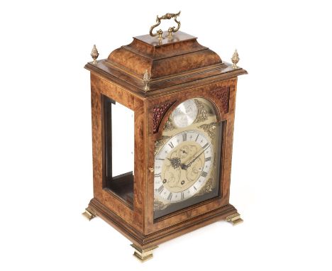 Bracket Clock. A George II style bracket clock by Comitti of London circa 1970s, the burr walnut veneered and mahogany case w