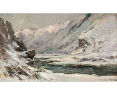 Joly (Jules, 1820-?). Mountain River Valley in Winter, oil on canvas, signed lower right, 57.5 x 89 cm (22 1/2 x 35 ins), mou
