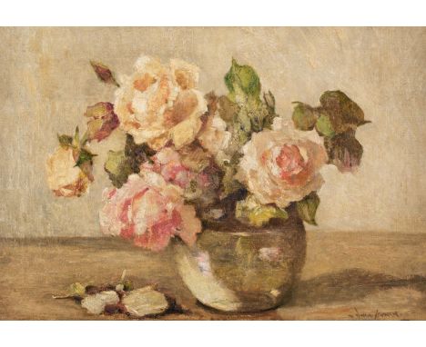 Bowen (Owen, 1873-1967). Roses, oil on canvas, signed lower right, 35.9 x 53.5 cm (14 x 21 ins), gilt moulded frame (50.5 x 6