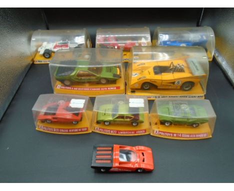 Collection of 9 Politoys Diecast Model Cars to include: McLaren M8F CAN AM (boxed), March Ford 721 F1 (boxed), BRM Marloboro 