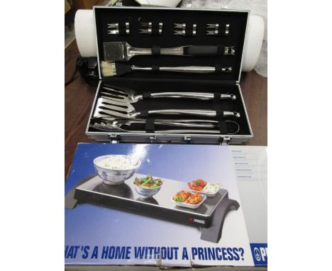 Princess cordless warming tray new in box and a BBQ utensil set in case