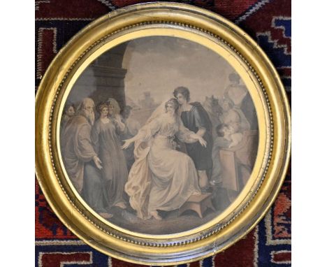 Regency engraving in circular gilt frame depicting the departure of Lucius Tarquinius Priscus' widow, Tanaquil. After a long 