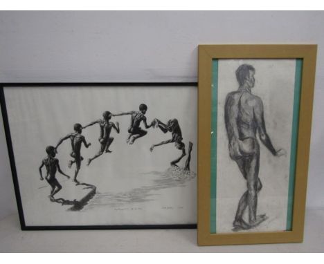 Pencil sketch of a man, unsigned and Trish Bethany 'boy leaping' print
