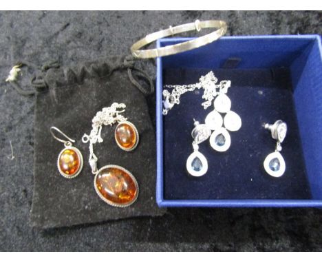 Swarovski earrings and necklace set, silver bangle and silver and heated amber set