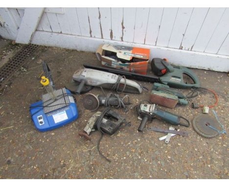 Power tools to include angle grinders, belt sander and scroll saw etc (All plugs removed, for display purposes only)&nbsp;