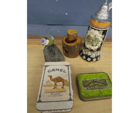 'silver' 1072 dollar, Musical stein, nut cracker, bird figurine and 2 vintage tobacco tins