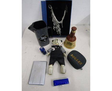 Black &amp; White whiskey jug and Bells, mini Boules, wooden jointed bear, necklace, cigarette case and trinket tin