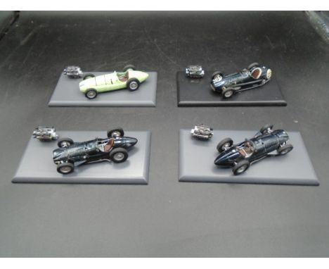 4 BRM Diecast Model Cars on display stands with engine model (S.M.T.S) (one model missing wheel another af)